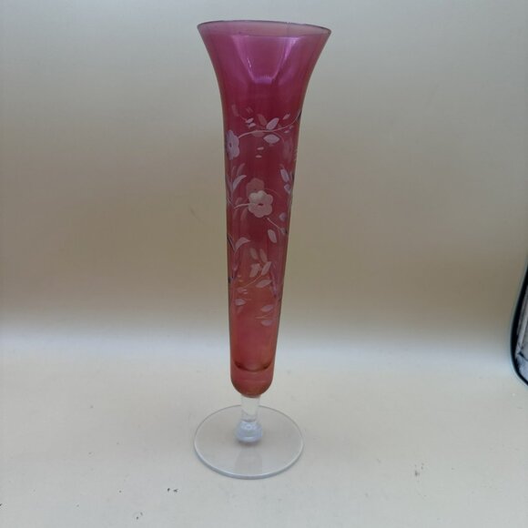 FLORAL ETCHED CRANBERRY FLASHED GLASS BUD VASE 9 3/4" Vintage - Picture 1 of 9